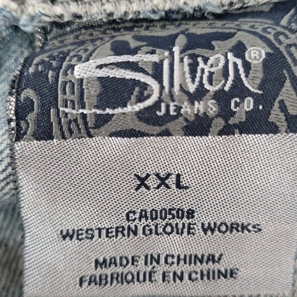 Silver Jeans Blue Denim Western Glove Works Distressed Jean Jacket Size XXL - Picture 12 of 14